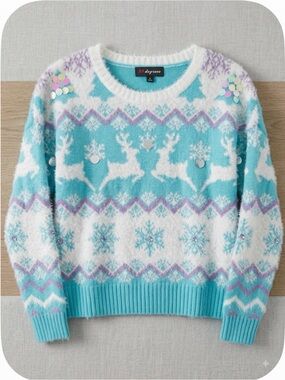 33 DEGREES Reindeer Graphic Sweater, Women’s XL, Blue White Purple
